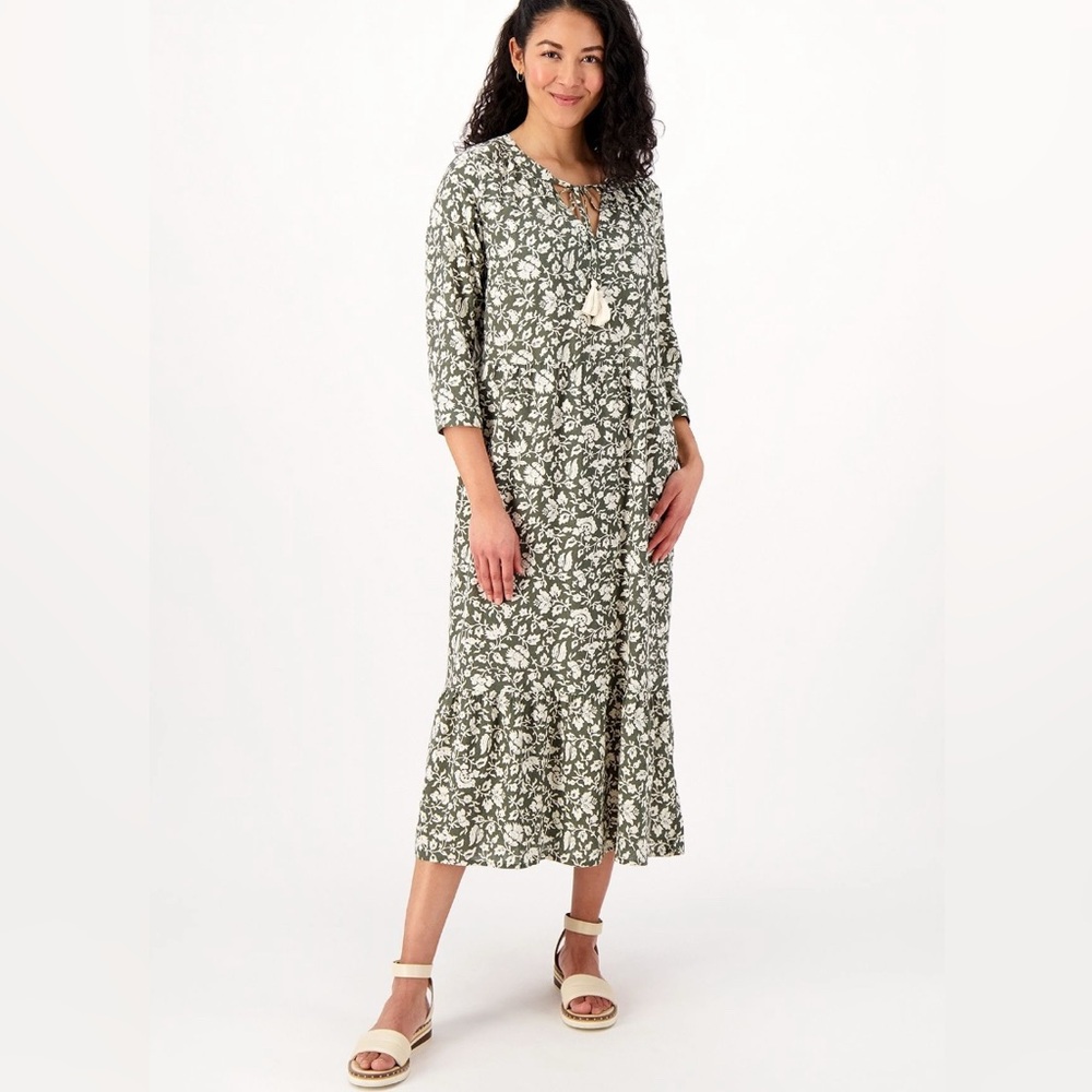 NWOT Denim & Co Naturals Floral Midi Dress, Women’s Size Small, QVC Olive Linen